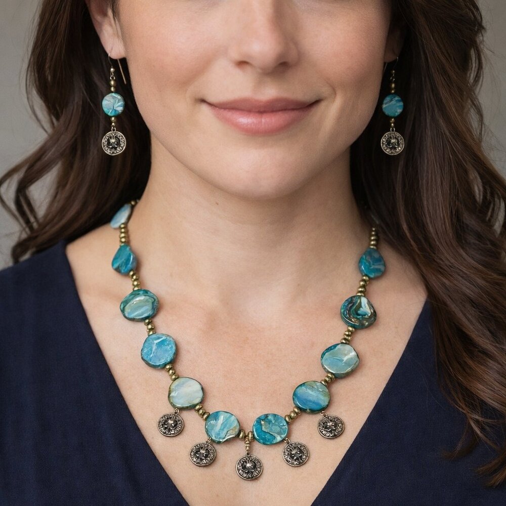 Hand Crafted Turquoise Aqua Tortoise Shell Necklace and Earring Set